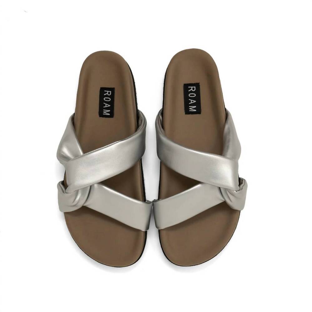 NEW ROAM women's side slip vegan leather sandals in silver